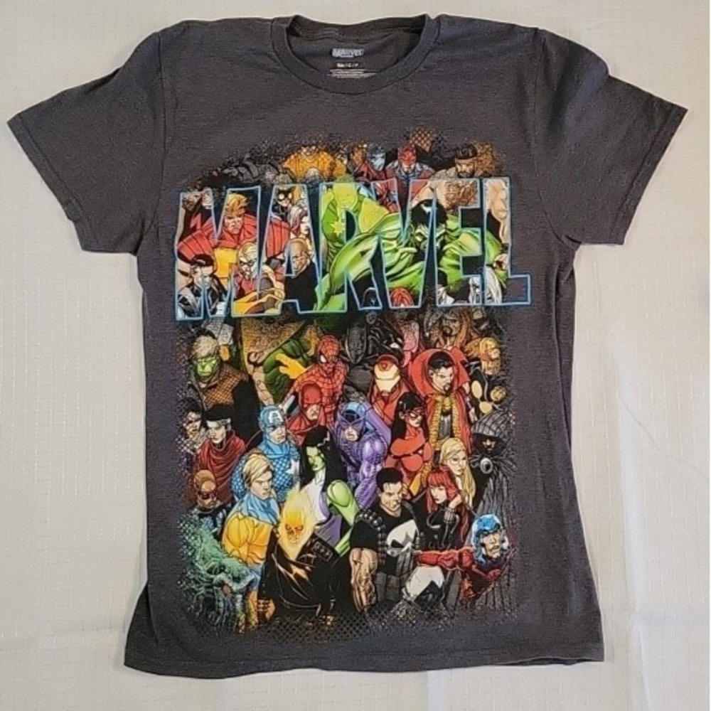 Marvel Comics Superhero Collage Graphic T Shirt Mens Small‎ Gray Short Sleeve